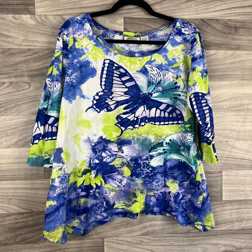 Collections Etc Blouse Womens M Blue Tie Dye Asymmetric Hem 3/4 Sleeve Artsy - Picture 9 of 10